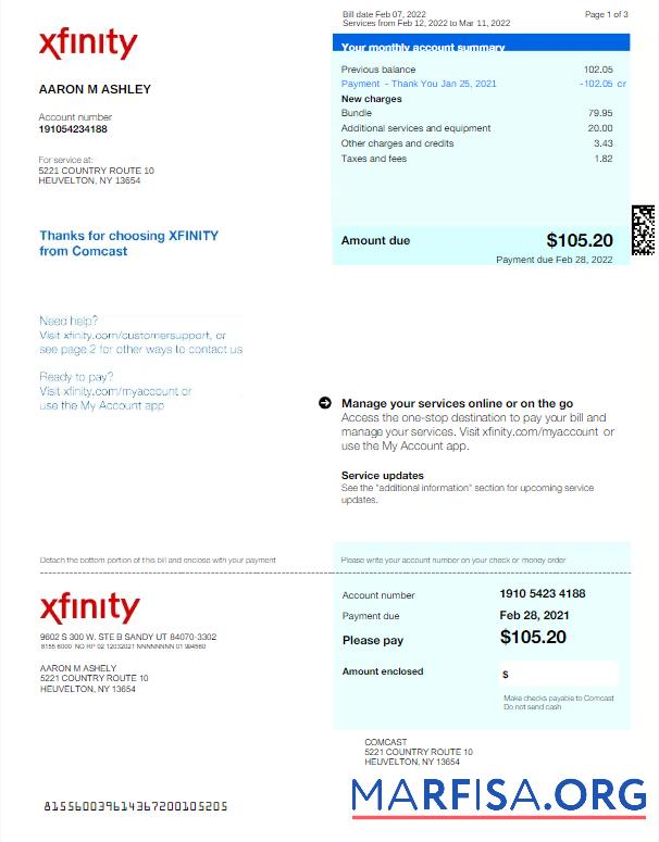Downloadable USA XFINITY utility bill Word and PDF template, version 2